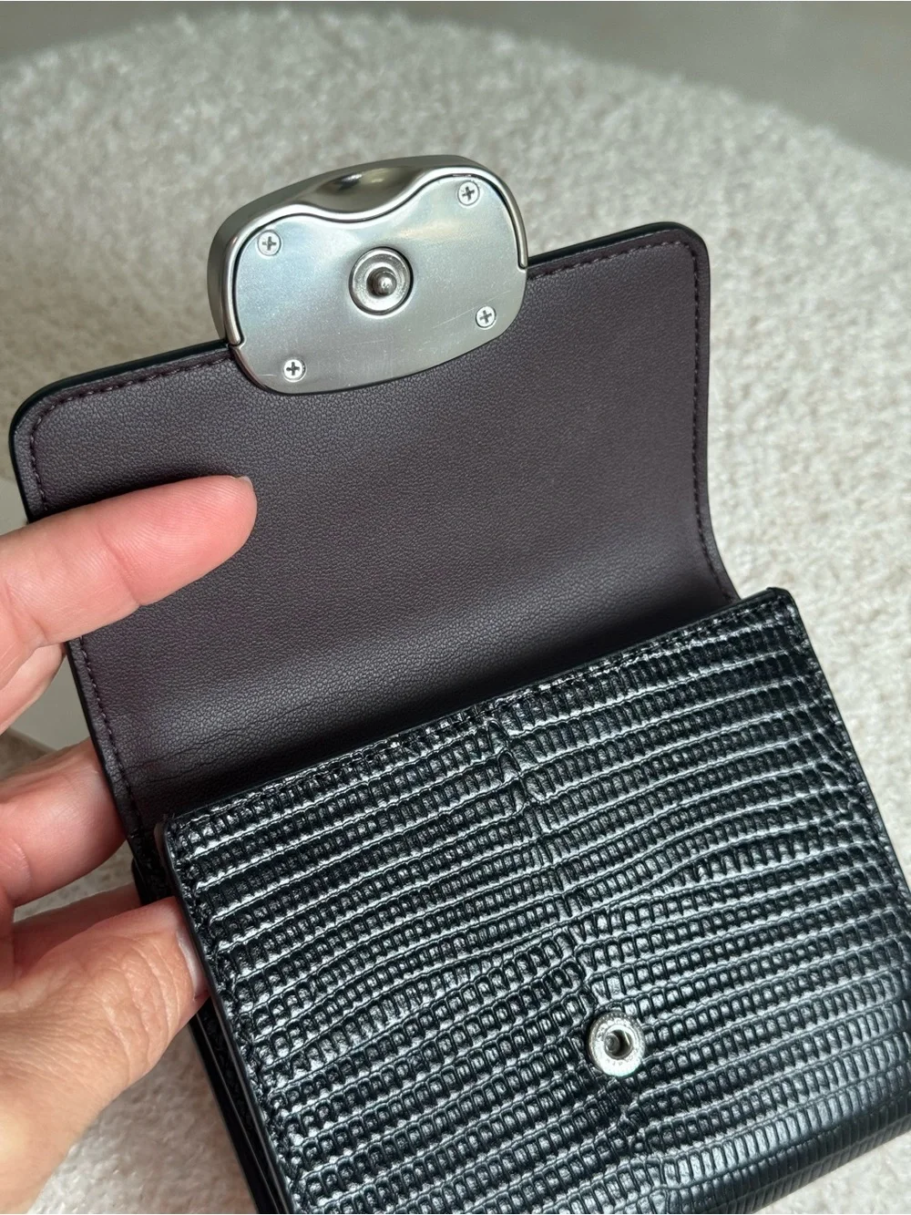 Coach Black Lizard-Embossed Card Wallet with Silver Logo Plate
